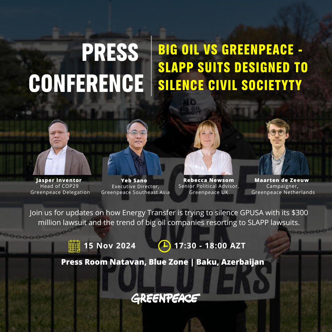 #COP29 Press Conference Advisory: Oil companies, litigation and civil society

📅: Friday, 15 November 2024
⏰: 17:30-18:00 AZT
📍: Press Room Natavan

Can't join IRL? Follow along virtually &gt;&gt; bit.ly/40OFNmT