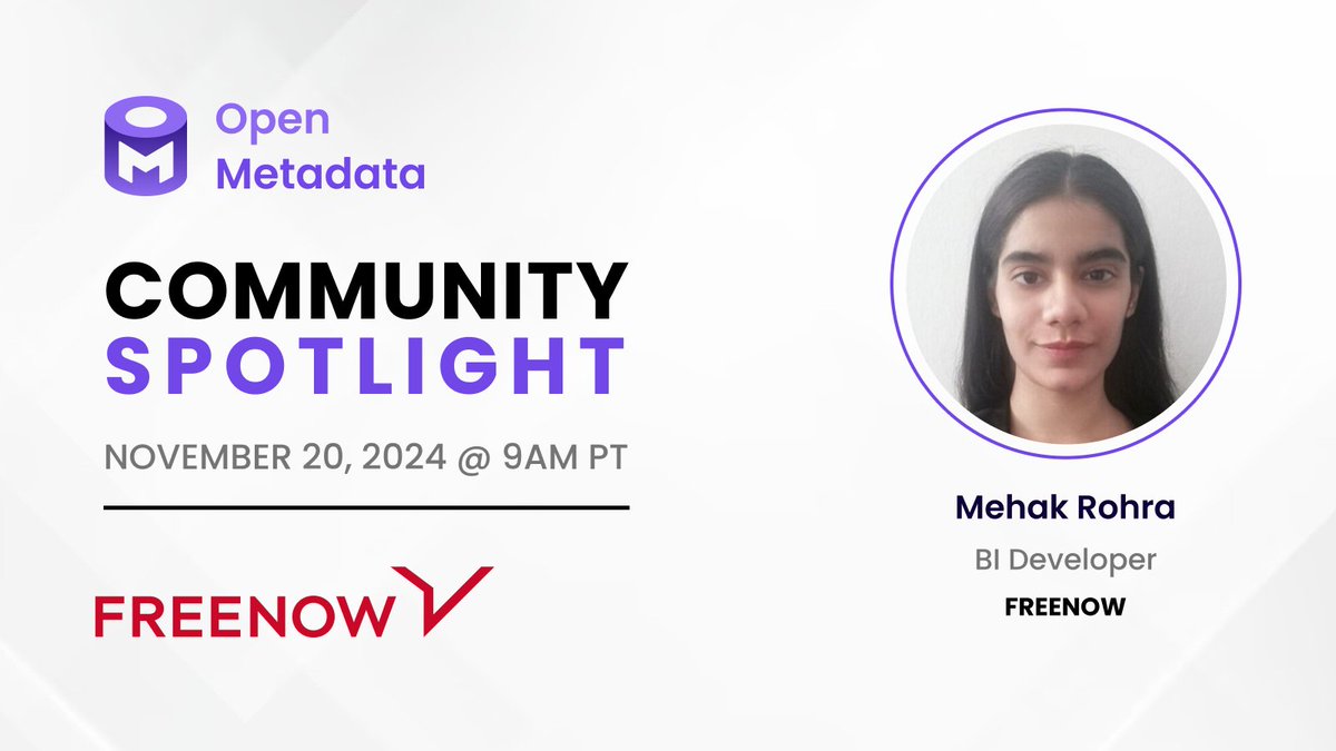 open_metadata's tweet image. The November #OpenMetadata online community meeting is coming! Wednesday, Nov 20, 2024 @ 9AM PST
🚀 Sneak preview of Release 1.6, with new governance and insights features including: Data Governance Workflows, Entity Relationships, 
Metric as an Entity, Data Observability…