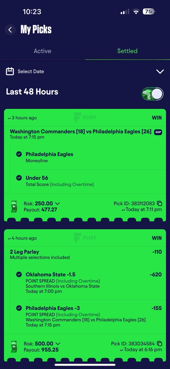 DegenLockss's tweet photo. ‼️CASH ANOTHER NUKE✅‼️

What a unbelievably slow game but Eagles -3 gets it done😛 

Fliff only let’s me bet $500 at a time so I’m not gonna bore you with multiple screenshots🤷🏽‍♂️ Bank roll went up by 4k today, stop 😴 https://t.co/ircg5qGAPa
