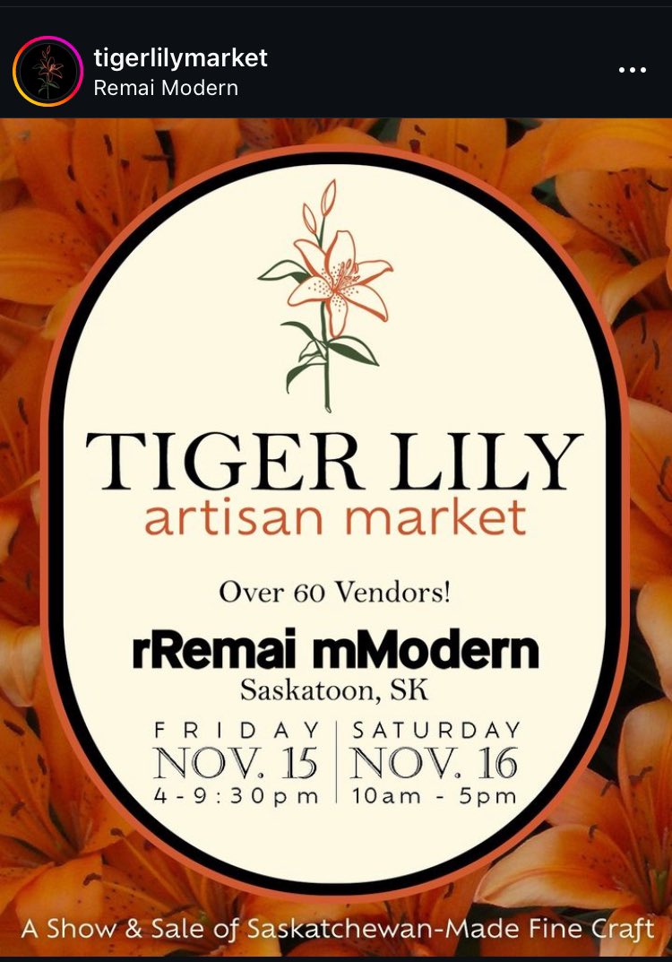 My daughter (artbycassandravanb.com )is one of the 60 artisans that will be set up <a href="/RemaiModern/">remaimodern</a> this weekend! Be sure to pop by, shop for Christmas and support local artists! #yxe #supportlocalartists #remaimodern #tigerlilymarket
