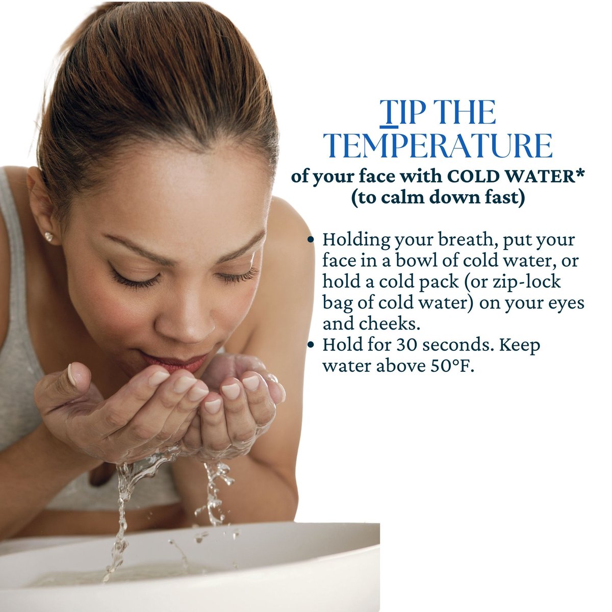 TherapyNHouston's tweet photo. To reduce emotions fast:⁠
⁠
👉🏽Holding your breath, put your face in a bowl of cold water,⁠
or hold a cold pack (or zip-lock bag of cold water) on your eyes and cheeks.⁠
👉🏽Hold for 30 seconds. Keep water above 50°F.⁠
#depression #selfesteem #loveyourself #anxiety #boundaries https://t.co/Jf9G6iWI4R