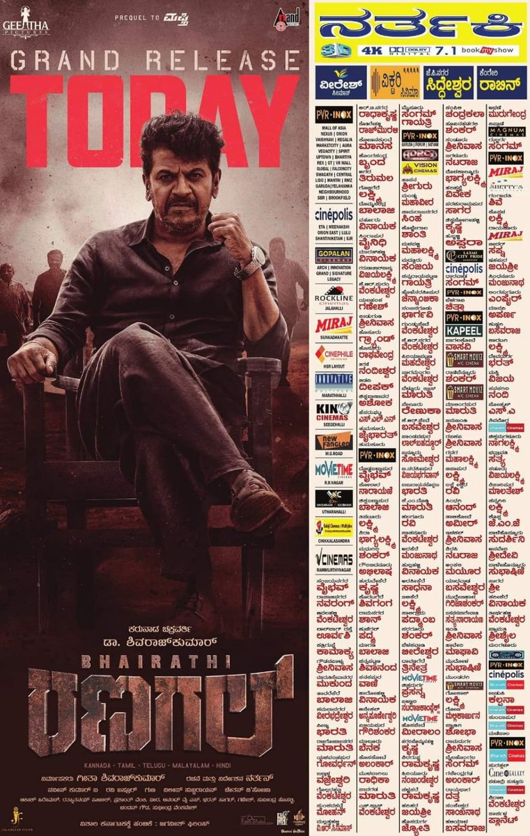 Ragini Naik (@raginimadam) on Twitter photo ಇಂದಿನಿಂದ "ರಣಗಲ್" ಹಬ್ಬ ಶುರು 💥😍
#BhairathiRanagal tickets on <a href="/bookmyshow/">BookMyShow</a> | In Cinemas Now.💥
Book here : in.bookmyshow.com/movies/bhairat…
<a href="/NimmaShivanna/">DrShivaRajkumar</a> #Narthan <a href="/GeethaPictures/">Geetha Pictures</a> <a href="/RaviBasrur/">Ravi Basrur</a>
#GeethaPictures #BhairathiRanagalNov15
#Uvpromotions
#Ppulsemedia ಇಂದಿನಿಂದ "ರಣಗಲ್" ಹಬ್ಬ ಶುರು 💥😍
#BhairathiRanagal tickets on <a href="/bookmyshow/">BookMyShow</a> | In Cinemas Now.💥
Book here : in.bookmyshow.com/movies/bhairat…
<a href="/NimmaShivanna/">DrShivaRajkumar</a> #Narthan <a href="/GeethaPictures/">Geetha Pictures</a> <a href="/RaviBasrur/">Ravi Basrur</a>
#GeethaPictures #BhairathiRanagalNov15
#Uvpromotions
#Ppulsemedia