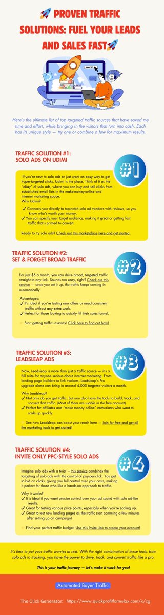 CarolineJo50141's tweet image. Proven Traffic Solutions : The Proven Traffic Tools to Fuel Your Leads and Sales Fast

Looking to boost your leads and sales? Tap into tested methods to drive more targeted traffic. 
Visit: quickprofitformulax.com/x/cg 
#TrafficTools #LeadGeneration #SalesBoost