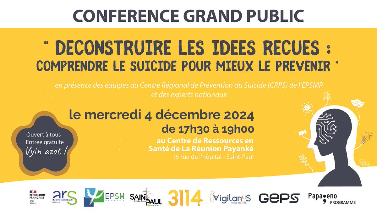 CONFERENCE - Notre Centre Régional de Prévention du Suicide avec les équipes nationales organise la conférence "déconstruire les idées reçues : comprendre le #suicide pour mieux le prévenir", mercredi 4 décembre 2024. Ouvert à tous. Inskri azot, lé gratwi !
#preventionsuicide