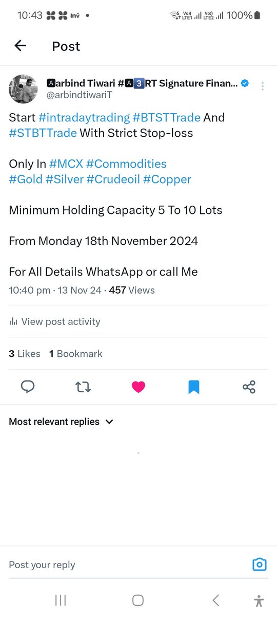 arbindtiwariT's tweet photo. Start #intradaytrading #PositionalTrades #BTSTTrade And #STBTTrade With Strict Stop-loss
Only In #MCX #Commodities
#Gold #Silver #Crudeoil #Copper
Minimum Holding Capacity 5 To 10 Lots
From Monday 18th November 2024
For All Details WhatsApp or call Me
09900017008
09980555517