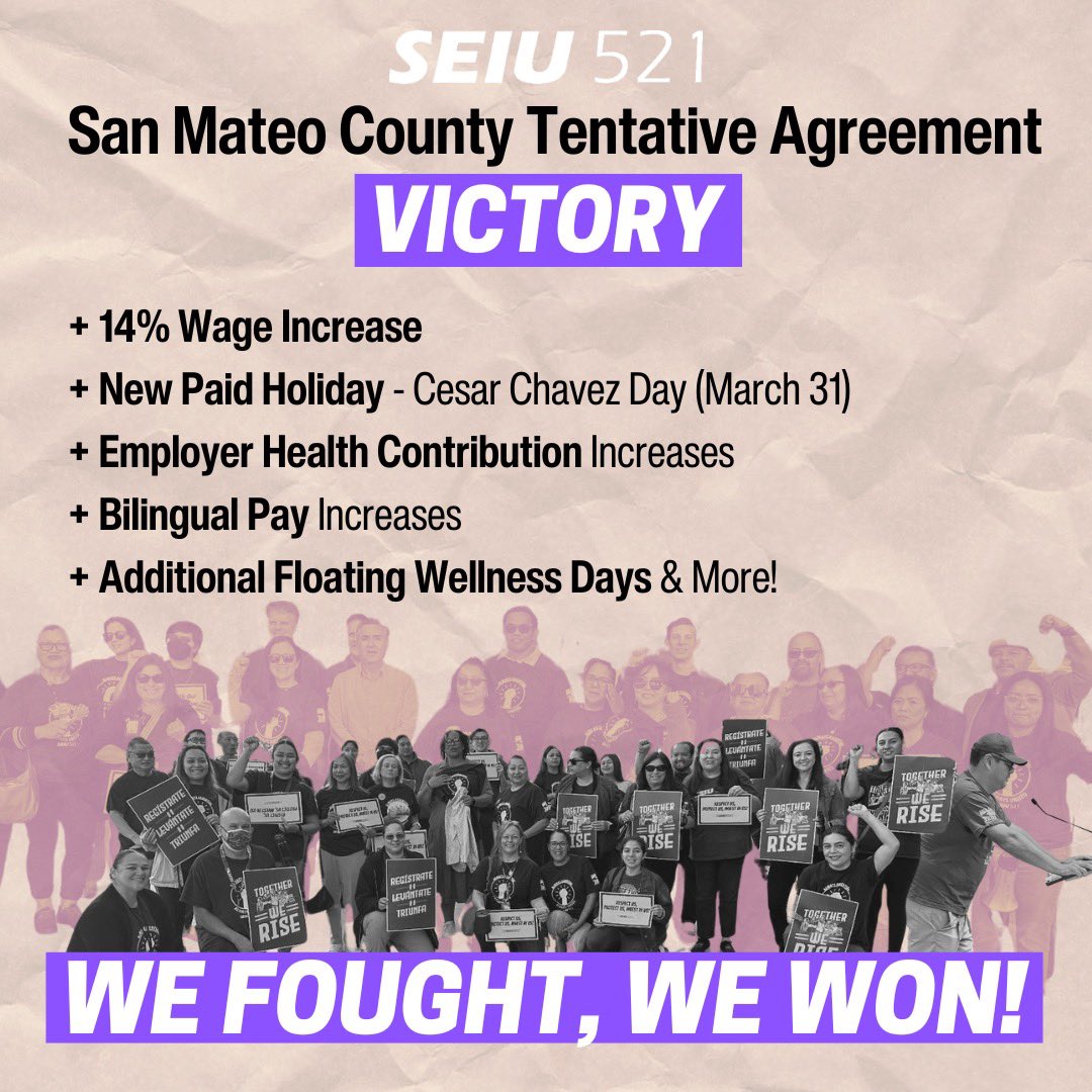 😮‍💨Big win out of San Mateo County - In addition to winning strong wage increases, members successfully secured the merger of our Extra-help/Temp unit contract! The TA ratification is set to begin next week! #UnionsForAll