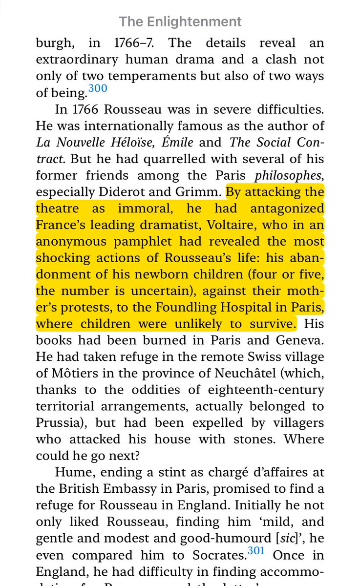 my all time favorite beef escalation is when Rousseau called the theater immoral and Voltaire, France’s leading dramatist at the time, said yeah well how about that time you abandoned your 5 kids and left them to die