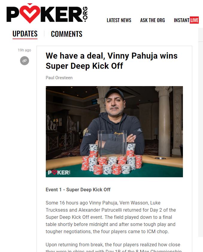 🏆Congrats to Vinny for taking down Event 1 Super Deep Kick Off! 
📕Read all about it here at poker.org/instant/64/bor…

Must be 21 or Older. Bet With Your Head, Not Over It. Gambling Problems? Call 1.800.GAMBLER.