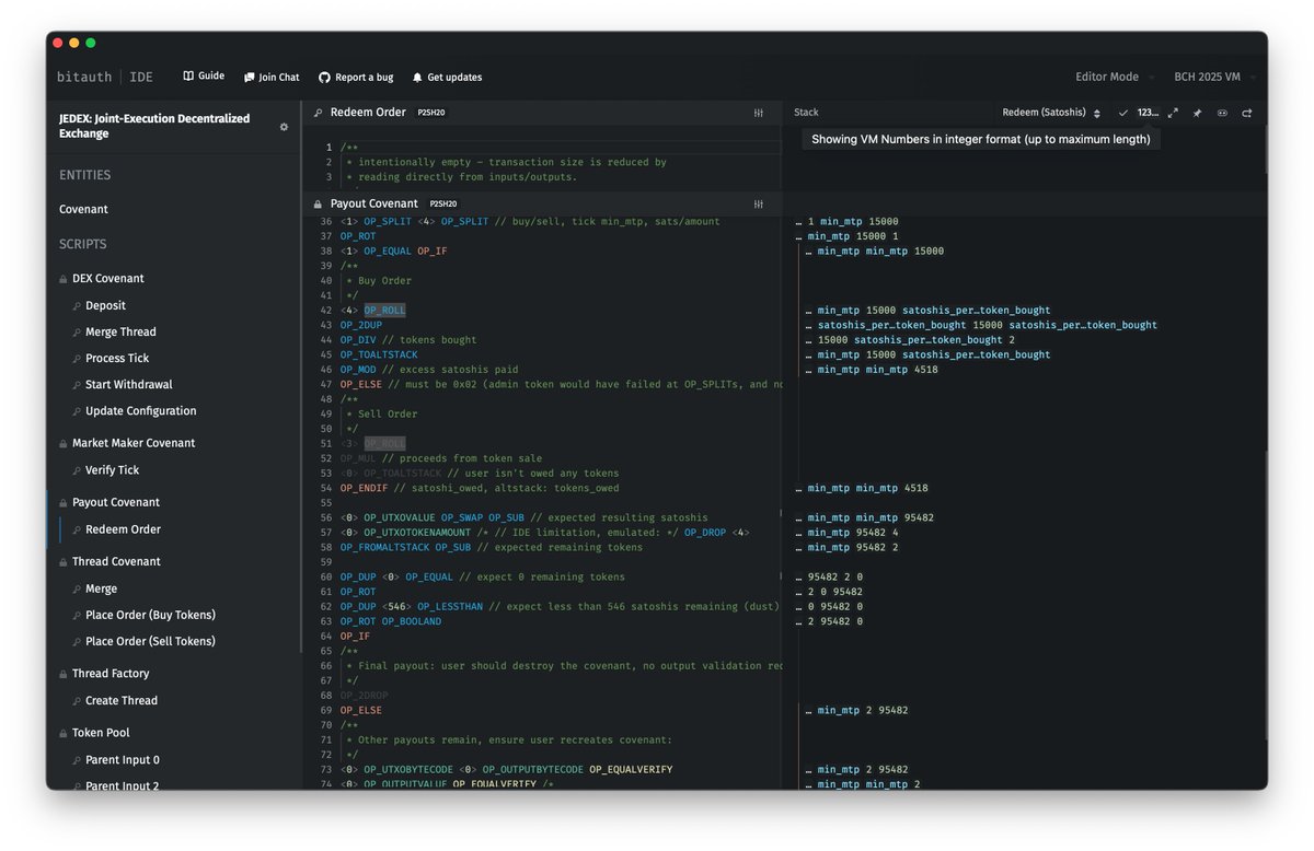 Bitcoin Cash's 2025 upgrade is now live in Bitauth IDE: no opcode limit, larger contracts, 10KB stack items, and high-precision math! 🚀 Details:

x.com/bitjson/status…

Pro tip: click the icon in your browser's URL bar to install the app. Full screen, easy offline access ✈️