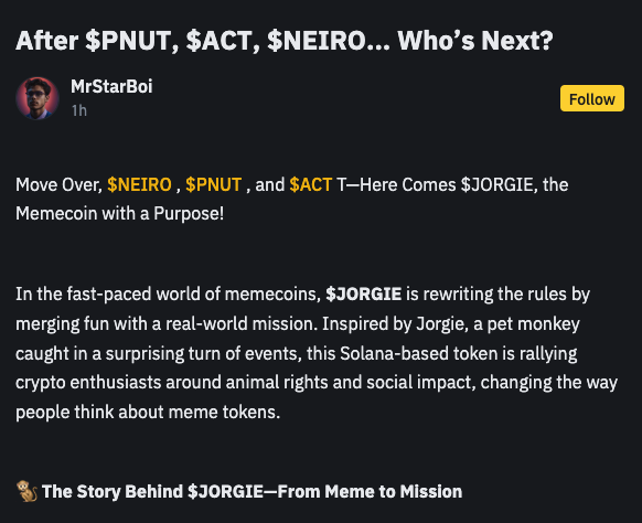 binance.com/en/square/post…

After $PNUT, $ACT, $NEIRO... Who’s Next?

$jorgie