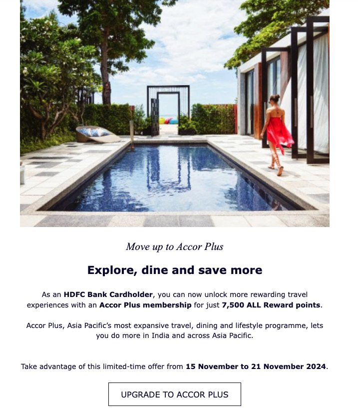 Accor Plus Offer Again Live with HDFC Bank 7500 Points

Offer Duration: 15 November to 21 November 2024

Details: accorplus.com/in/hdfc-exclus…

#ccgeek #ccgeeks