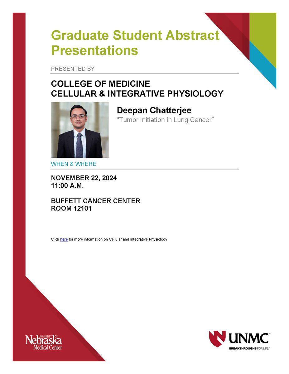 UNMC Physiology (@unmc_physiology) on Twitter photo Join us at the Physiology Forum today at 11:00 a.m. IPMM graduate student, Deepan Chatterjee, will be presenting "Tumor Initiation in Lung Cancer”"
@Gundrylab <a href="/UNMC_CHVR/">UNMC Center for Heart and Vascular Research</a> Join us at the Physiology Forum today at 11:00 a.m. IPMM graduate student, Deepan Chatterjee, will be presenting "Tumor Initiation in Lung Cancer”"
@Gundrylab <a href="/UNMC_CHVR/">UNMC Center for Heart and Vascular Research</a>