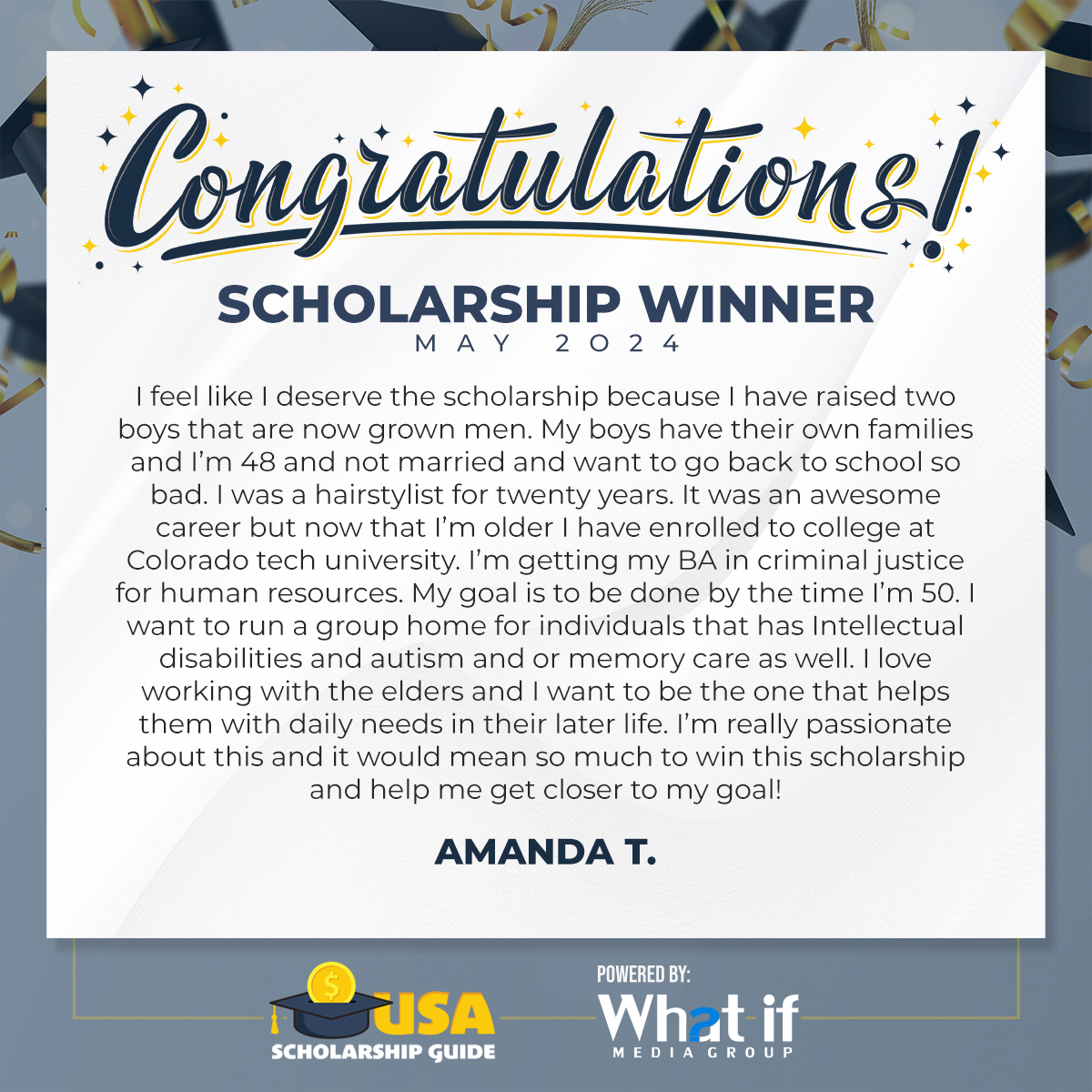 WhatIfMediaGrp's tweet photo. Congratulations to USA Scholarship Guide winner, Amanda!

We are proud to help those with a passion for service and justice. 

Learn more here: https://t.co/NSj1ojtHSQ

#USAScholarshipGuide #Scholarship #WhatIfMediaGroup https://t.co/34UkSQzpmb
