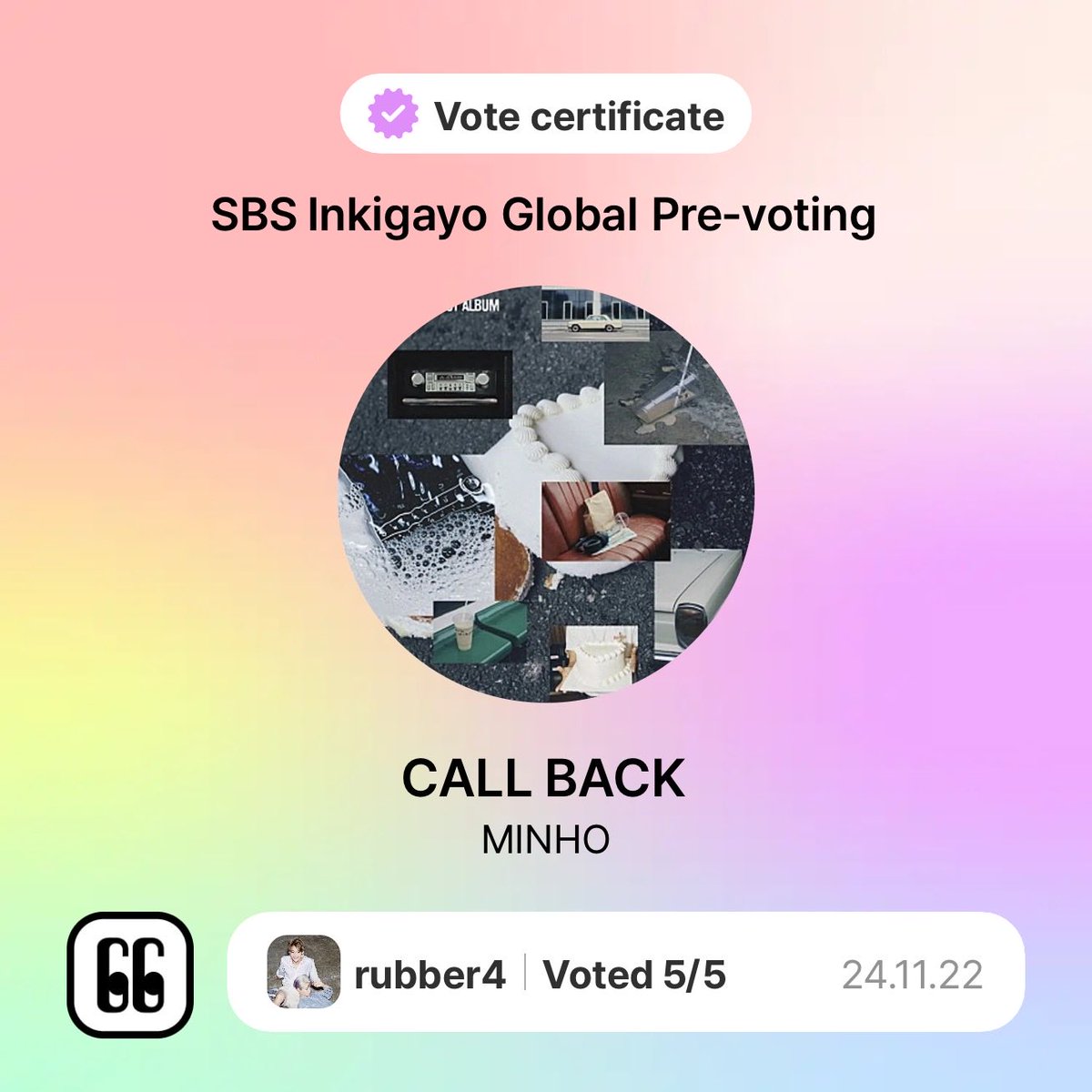 minorubber's tweet photo. https://t.co/pn6NZpCtxB
24/11/18 11:55 ~ 24/11/22 23:59
I voted for SBS Inkigayo Global Pre-voting in MINHO https://t.co/wePkxNW3iK