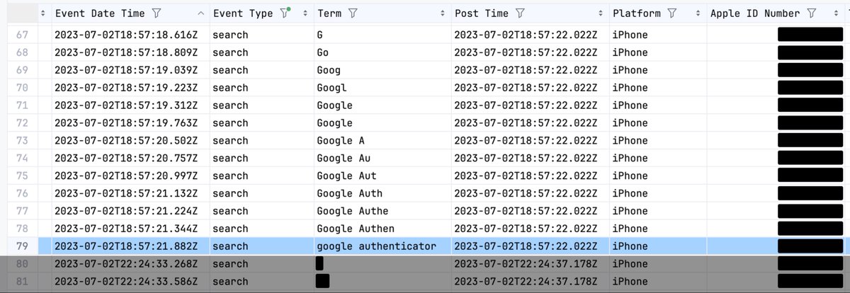 mysk_co's tweet photo. This is an example of what the App Store app shares with #Apple when you search for an app. Everything you type in the search field is recorded as an event and associated with your Apple ID before it is sent to Apple. When I search for "Google Authenticator," events are recorded as I type character by character. The leap between rows 78 and 79 is when I picked a suggestion. The timestamp of every event is recorded. This means Apple can calculate my typing speed 🙃.  If I misspell a word, it will be on my record 🫣. 

Data is sent to Apple in near real-time (the difference between the Event Time and the Post Time).

There is no way you can opt out of sending such app Analytics to Apple or request it be anonymous. Visit privacy[.]apple[.]com and request a copy of your data to learn what identifiable data Apple collects about you. ✌️
#Privacy #iOS