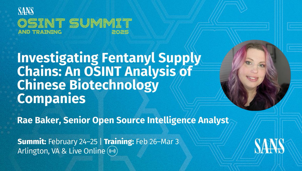 At the upcoming #OSINTSummit, <a href="/wondersmith_rae/">Rae Baker | wondersmith_rae</a> will share research using OSINT to uncover patterns and tactics in the illicit flow of fentanyl from Chinese companies to the U.S. via Mexico, providing insights along the way.

View Agenda and Register: sans.org/u/1xPn