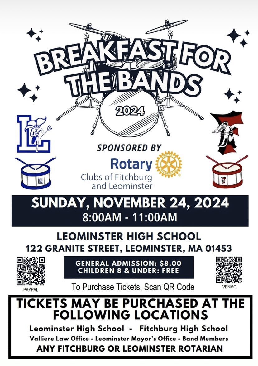 *** THIS SUNDAY ***

BREAKFAST FOR THE BANDS 
Sunday, Nov. 24 at Leominster High School 
8-11 a.m.
Don't miss your chance to support these hard-working hands and to listen to some great music by both programs!