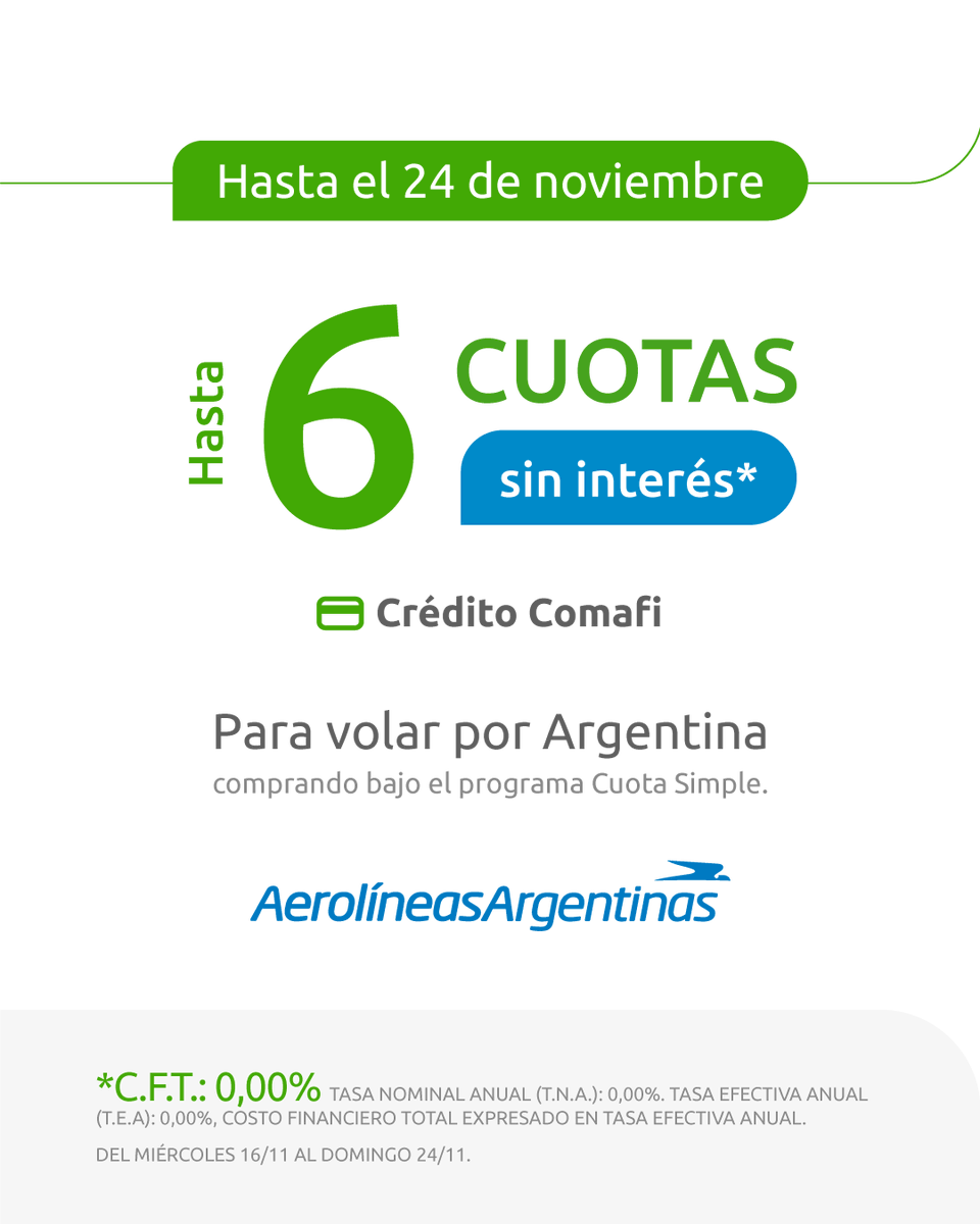 ¿Pensando en tus vacas? 🌊🏖️ Aprovechá este beneficio con <a href="/Aerolineas_AR/">Aerolíneas Argentinas</a>! ✈️

Hasta el 24/11, con tus 💳 de Crédito Comafi podés comprar pasajes en hasta 6 cuotas sin interés como parte del Programa de Cuota Simple. 🎫

Elegí tu destino por Argentina 🇦🇷
👉 tevabien.com/12777-Aeroline…
