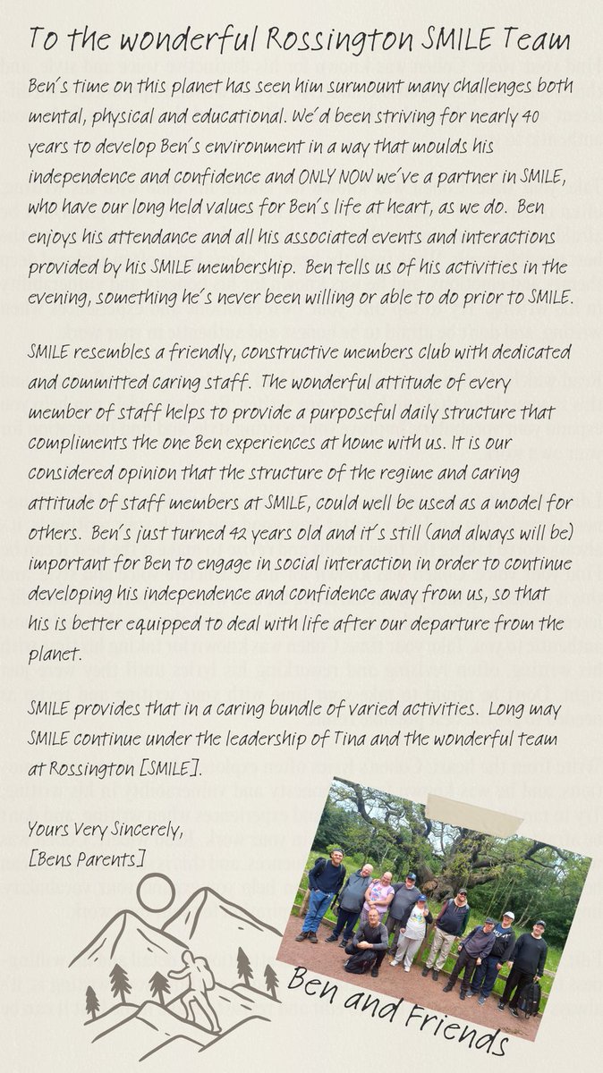 DayDoncaster's tweet photo. Rossington SMILE received a lovely letter from Carers. So nice to receive acknowledgement of the hard work and dedication of team members, to ensure everyone has positive outcomes, whilst enhancing, engaging and empowering lives. 

@DoncasterDamian
@smizz
@MayorRos https://t.co/0uJ3CuM5tg