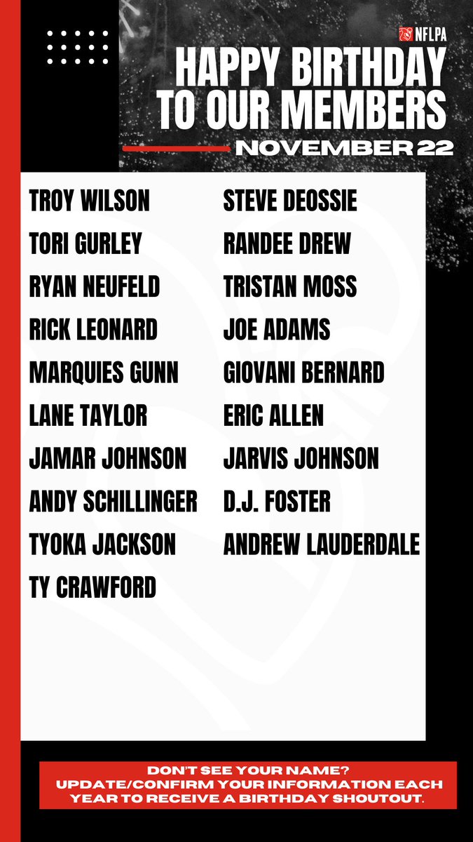 NFLPA Former Players (@nflpafmrplayers) on Twitter photo Happy birthday to our members <a href="/TWilson9292/">Troy Wilson</a> <a href="/TGurley81/">Tori Gurley</a> @ryanneufeld88 @rickleonard73 <a href="/lanetaylor65/">Lane Taylor</a> @Jamarjohnson568 <a href="/AndySchillinger/">Andy Schillinger</a> <a href="/Tyknowsfootball/">Tyoka Jackson</a> <a href="/TCrawford98/">Tyrone Crawford 🇨🇦</a> @stevedeossie @randeejdrew1 @Moss_Tristan @joeadams_3 <a href="/G_Bernard25/">Giovani Bernard</a> @ericallen619 <a href="/athequity/">AthEquity</a> <a href="/ASTATE_8/">D.J. Foster</a> - We hope this Happy birthday to our members <a href="/TWilson9292/">Troy Wilson</a> <a href="/TGurley81/">Tori Gurley</a> @ryanneufeld88 @rickleonard73 <a href="/lanetaylor65/">Lane Taylor</a> @Jamarjohnson568 <a href="/AndySchillinger/">Andy Schillinger</a> <a href="/Tyknowsfootball/">Tyoka Jackson</a> <a href="/TCrawford98/">Tyrone Crawford 🇨🇦</a> @stevedeossie @randeejdrew1 @Moss_Tristan @joeadams_3 <a href="/G_Bernard25/">Giovani Bernard</a> @ericallen619 <a href="/athequity/">AthEquity</a> <a href="/ASTATE_8/">D.J. Foster</a> - We hope this