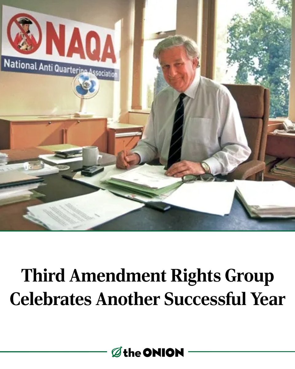 TheOnion's tweet image. Third Amendment Rights Group Celebrates Another Successful Year
theonion.com/third-amendmen…