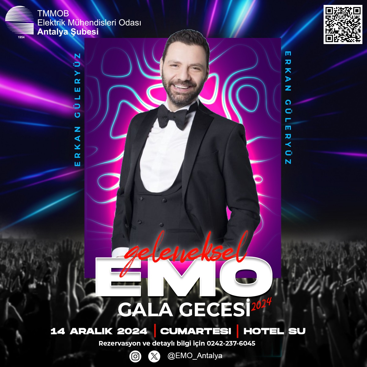 EMO Antalya Şubesi Geleneksel Gecesi 14 Aralık 2024 Cumartesi günü saat 19:00`da Hotel Su’da gerçekleşecektir. Sanatçı Erkan Güleryüz'ün şarkılarıyla eğleneceğimiz Geleneksel EMO Gecemizde tüm üyelerimizle bir arada olmaktan mutluluk duyacağız. Detaylar: antalya.emo.org.tr