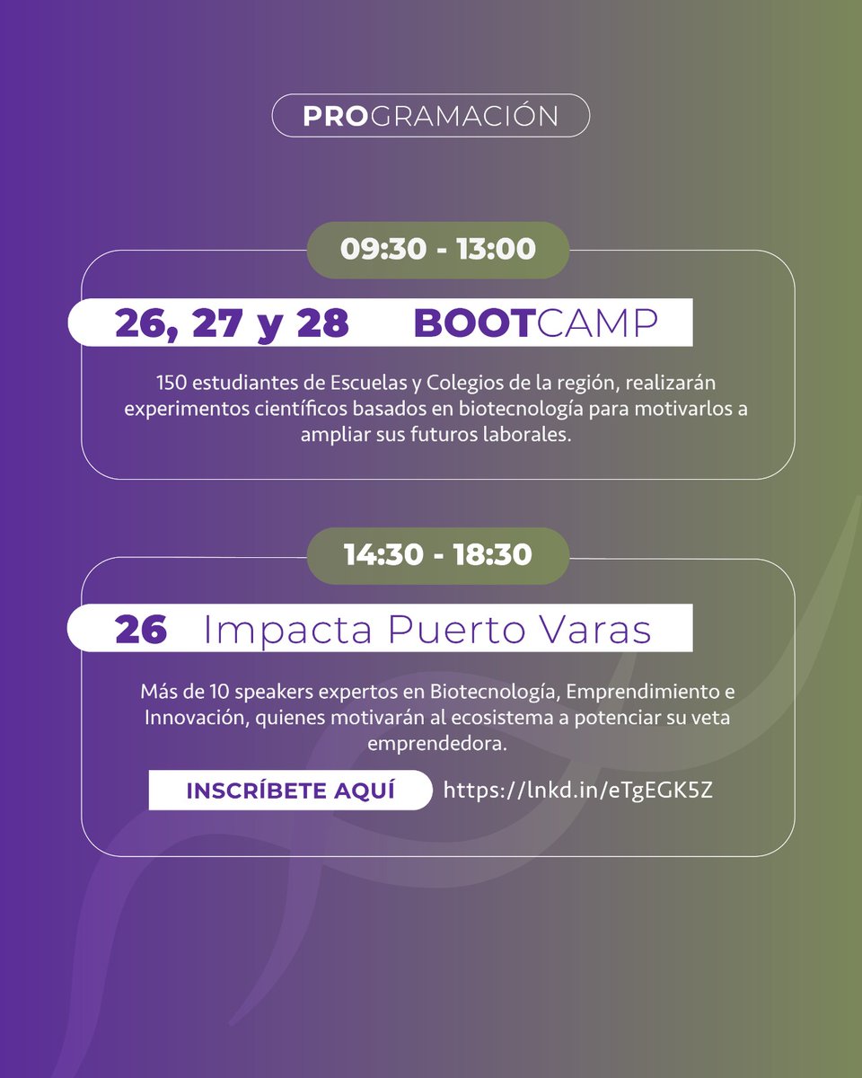 muniptovaras's tweet image. 🧬#BioTechWeek #PuertoVaras

👩‍🔬Explora talleres interactivos, charlas inspiradoras y proyectos innovadores que marcan tendencia en el sur de Chile.

Invita: 
Municipalidad de Puerto Varas y Patagonia Biotech Hub

📆26-27-28 nov.
 📍 Galpón Parque Estación
⌚09:30 a 18:30 horas