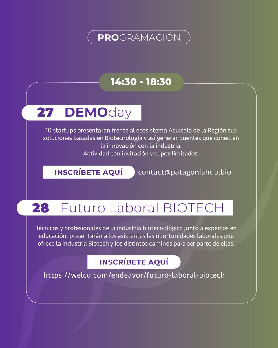 muniptovaras's tweet image. 🧬#BioTechWeek #PuertoVaras

👩‍🔬Explora talleres interactivos, charlas inspiradoras y proyectos innovadores que marcan tendencia en el sur de Chile.

Invita: 
Municipalidad de Puerto Varas y Patagonia Biotech Hub

📆26-27-28 nov.
 📍 Galpón Parque Estación
⌚09:30 a 18:30 horas