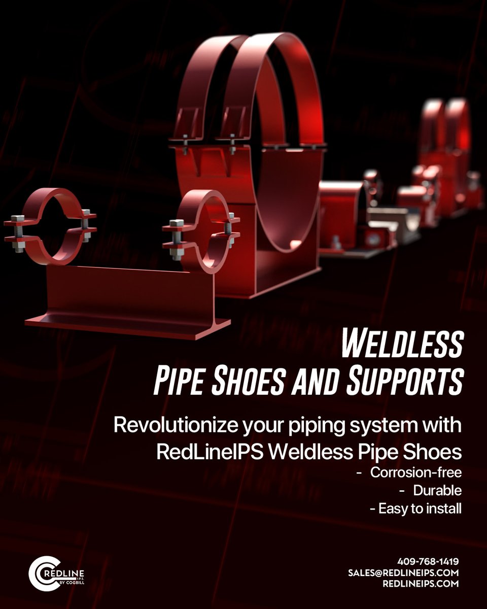 CogbillConstruc's tweet image. Upgrade your piping system with RedLineIPS Weldless Pipe Shoes—durable, corrosion-free, and easy to install. Visit redlineips.com!
#PipingSolutions #WeldlessPipeShoes