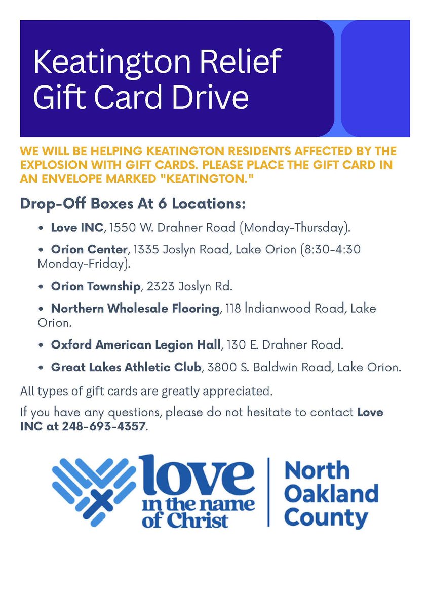 In addition to Township Hall, here are several other local drop-off box locations for gift card donations through Love INC of North Oakland County.