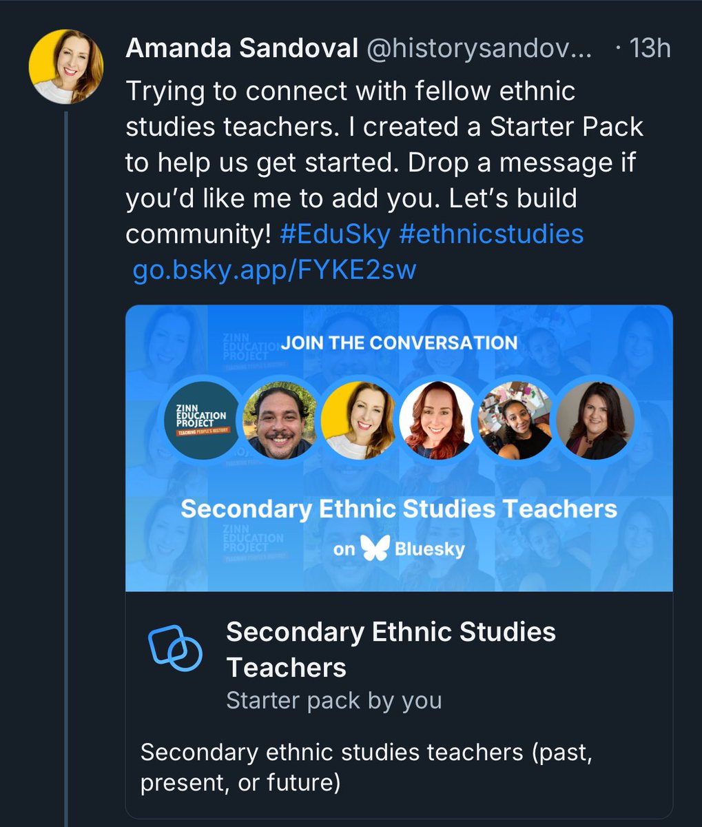 If you teach secondary Ethnic Studies and are on Bluesky 🦋, I just created a starter pack to try and connect. Let me know if you want me to add you. go.bsky.app/FYKE2sw