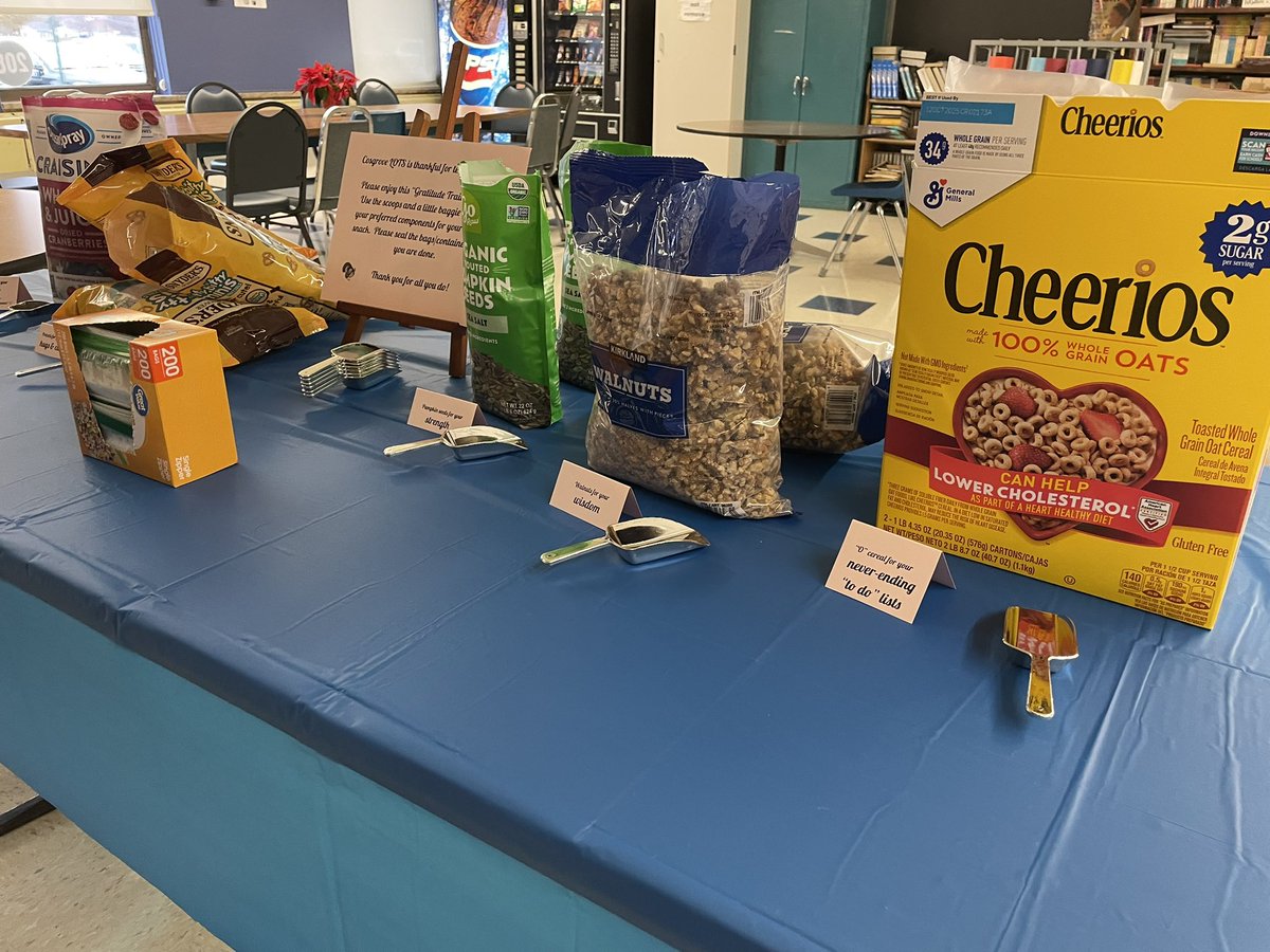 Staff:  head on down to the faculty lounge to scoop up some Gratitude Tail Mix courtesy of LOTS and Cosgrove families. We appreciate you all for your sweet guidance, persistence, hugs &amp; caring nature, strength, wisdom, and never-ending “to-do” lists! #thankful