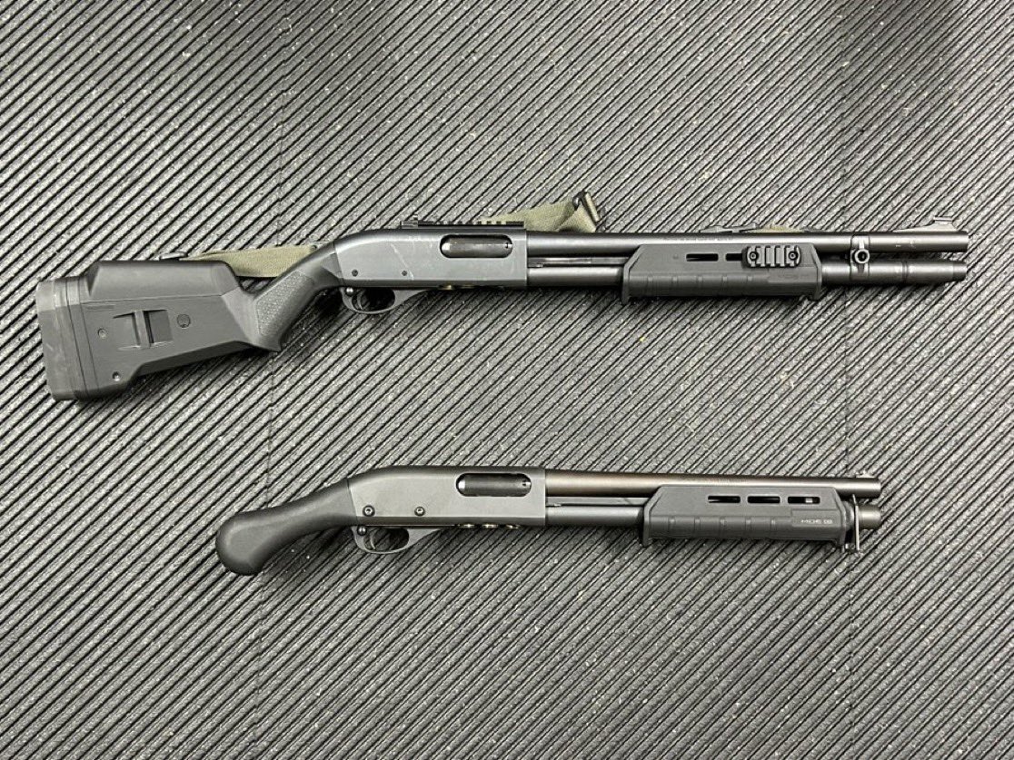 MrLeadslinger's tweet photo. Here are two firearms that fire shotgun shells. The top one is a Remington 870 shotgun. The bottom one is a Remington TAC 14 firearm. They use the same action and fire the same shells. 

In order to legally put the stock from the 870 onto the TAC 14 (making it less concealable) it would become a Short Barreled Shotgun and would require special paperwork be submitted to the government, a $200 tax stamp, finger prints, photos, a background check and a wait for processing prior to assembly. It would also then be restricted under the NFA. 

Putting a stock on it without jumping through those hoops and paying the tax could result in 10 years in jail and a $250,000 fine if caught.