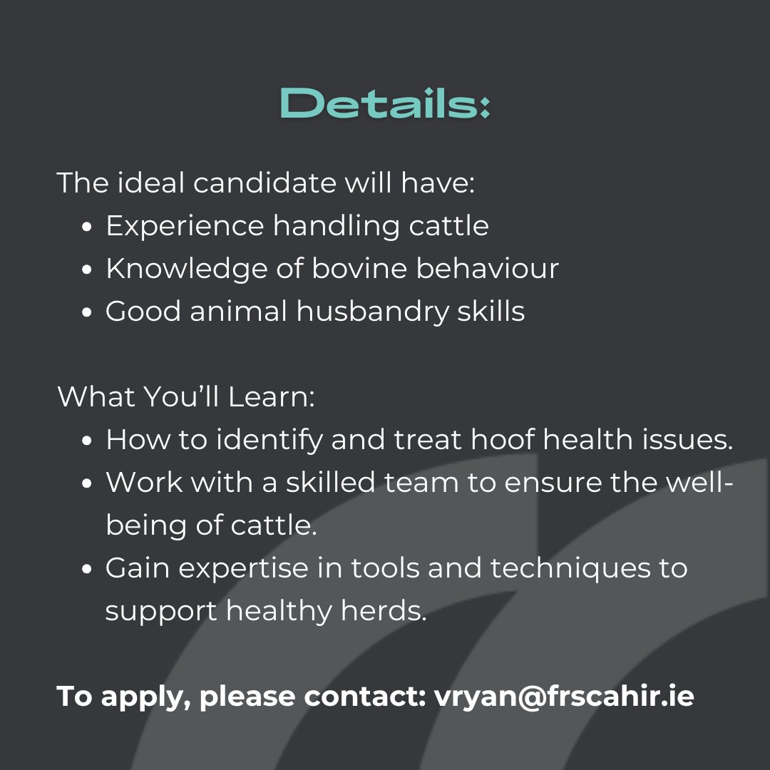 FRS Direct (@frs_cahir) on Twitter photo Would you like to learn the specialised skill of Hoof Care and work with FRS?
For more information or to apply, please contact Violet: vryan@frscahir.ie or 087 233 6667 Would you like to learn the specialised skill of Hoof Care and work with FRS?
For more information or to apply, please contact Violet: vryan@frscahir.ie or 087 233 6667