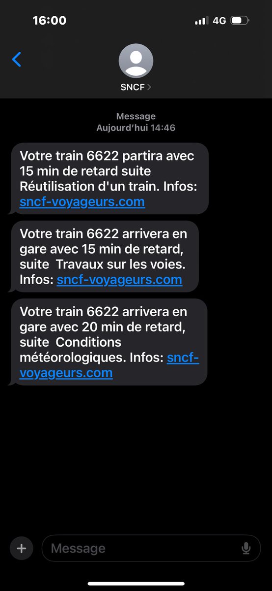 Inoui ce message <a href="/SNCFVoyageurs/">SNCF Voyageurs</a>  3 SMS de retard en 45 mm, avec 3 excuses différentes et surtout sans AUCUN mot d’excuses ! Vous en dites quoi <a href="/GroupeSNCF/">Groupe SNCF</a> <a href="/SNCFConnect/">SNCF Connect</a> <a href="/SNCFReseau/">SNCF Réseau</a> Vivement la concurrence 😊