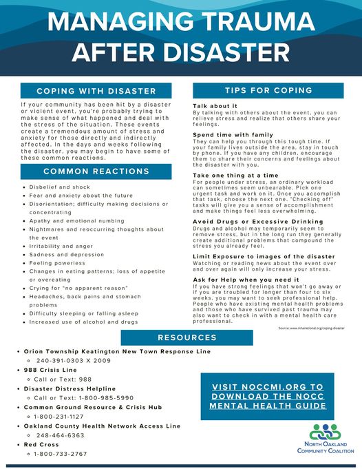 Let’s also remember to support our neighbors who may be struggling with emotional or psychological distress following Tuesday’s tragedy. For tips and resources on managing trauma after disasters, please refer to the North Oakland Community Coalition.