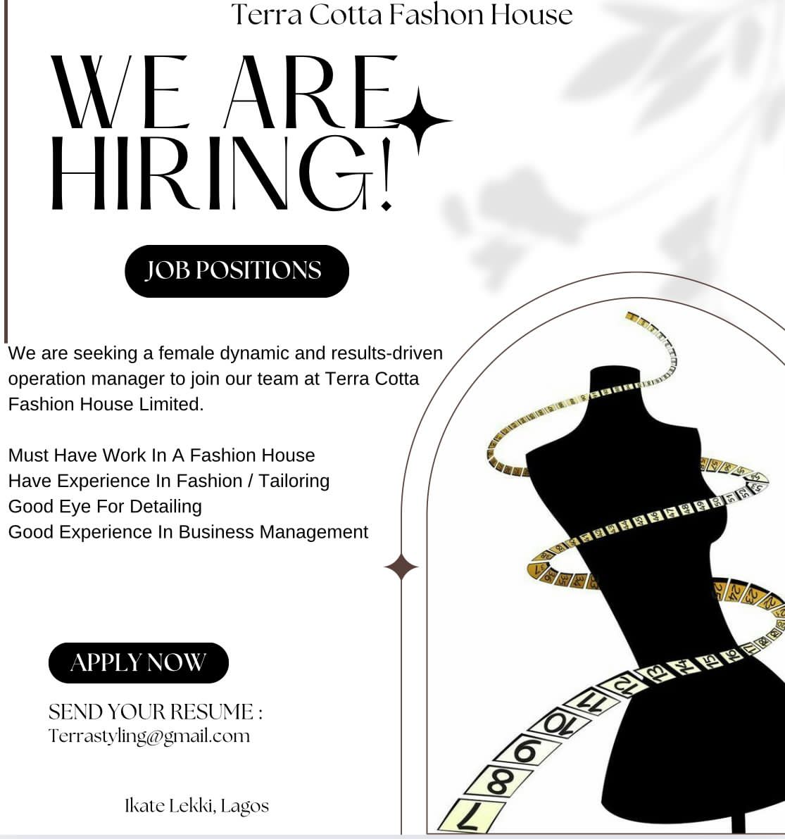 recruitaidltd's tweet photo. Female Operation Manager 
Must Have Work In A Fashion House 
Have Experience In Fashion &amp; Tailoring 
Good Experience In Business Management
Terrastyling@gmail.com 
Only apply if you are available for interview and ready to work ( if given an offer ) 
Accommodation is available https://t.co/XBsgVFdLmz