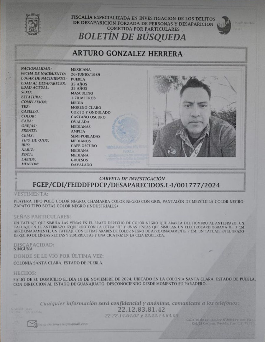 carlosmartinh's tweet photo. 🔎 #ServicioSocial |Arturo González, de 35 años de edad, fue visto por última vez el 19 de noviembre cuando salió de su casa en la colonia Santa Clara en #Puebla con rumbo a Guanajuato https://t.co/lplWK2t2FC