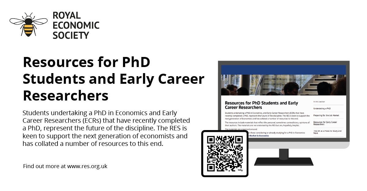 📖RESOURCES – If you are a #PhDstudent or #earlycareer #researcher, please have a look at our resources! RES is keen to support the next generation of #economists and has collated a number of #resources.

Access👉bit.ly/4eFmb9a

#EconTwitter #PhD #RESResources