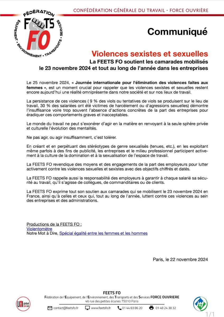 La <a href="/FeetsFO/">FEETS FO</a> soutient tous les camarades engagés dans la lutte contre les #violences #sexistes et #sexuelles et mobilisés demain.
<a href="/force_ouvriere/">force_ouvriere</a> <a href="/SouillotFo/">Souillot Frédéric</a> #23novembre