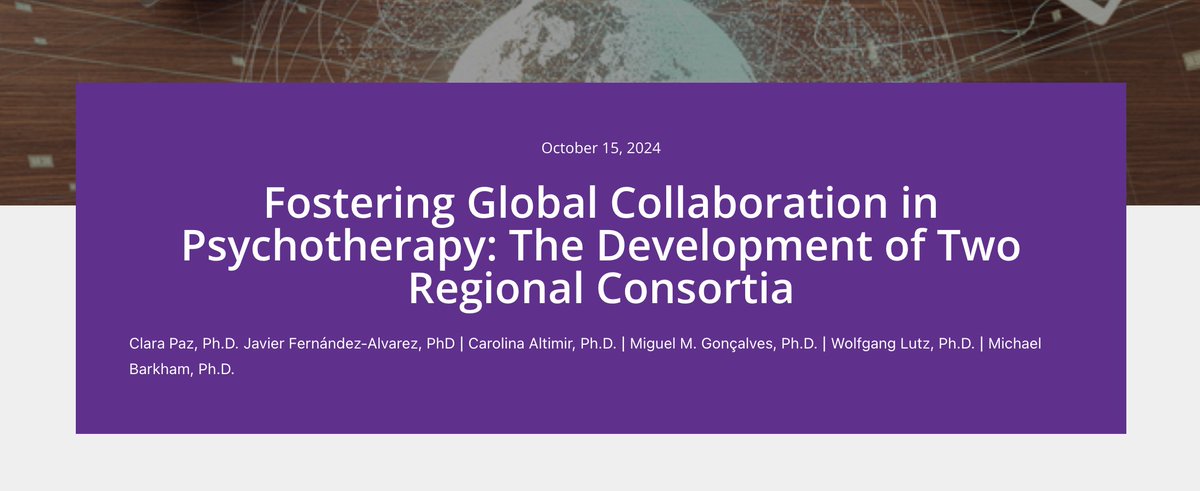 Clara Paz (@clarapaz) on Twitter photo 🌍 Excited to share our Psychotherapy Bulletin (<a href="/psychotherapy29/">Psychotherapy29</a>) article! 🤝 Learn how regional networks advance psychotherapy research. 📖✨
With amazing co-authors: <a href="/javferalvarez/">J. Fernández-Alvarez</a>, Carolina Altimir, Miguel Gonçalves, <a href="/LutzPsychRes/">Wolfgang Lutz</a>, <a href="/MJBarkham/">Michael Barkham</a>.
🔗 bit.ly/3AV9isy 🌍 Excited to share our Psychotherapy Bulletin (<a href="/psychotherapy29/">Psychotherapy29</a>) article! 🤝 Learn how regional networks advance psychotherapy research. 📖✨
With amazing co-authors: <a href="/javferalvarez/">J. Fernández-Alvarez</a>, Carolina Altimir, Miguel Gonçalves, <a href="/LutzPsychRes/">Wolfgang Lutz</a>, <a href="/MJBarkham/">Michael Barkham</a>.
🔗 bit.ly/3AV9isy