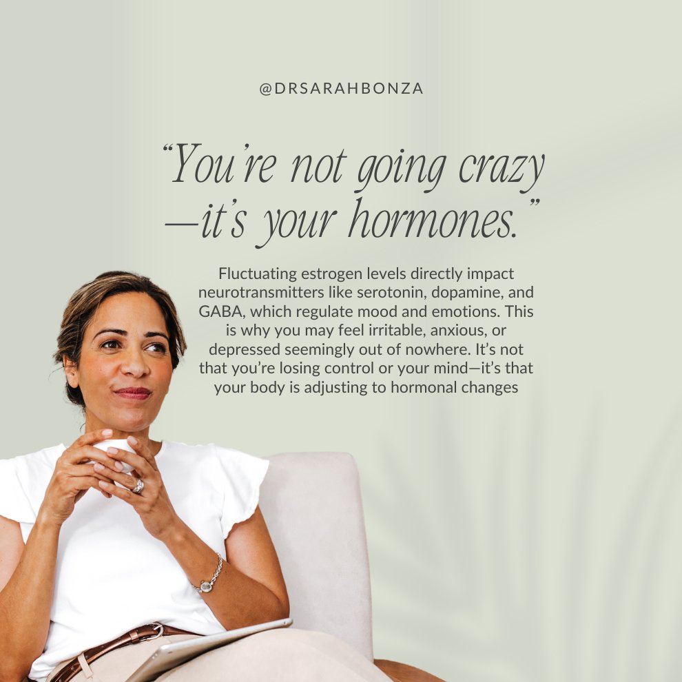 “You’re not going crazy—it’s your hormones.” Fluctuating estrogen impacts mood-regulating neurotransmitters like serotonin and GABA. Mood swings or anxiety aren’t you losing control—they’re hormonal changes. #Perimenopause #HormoneHealth #WomenWellness