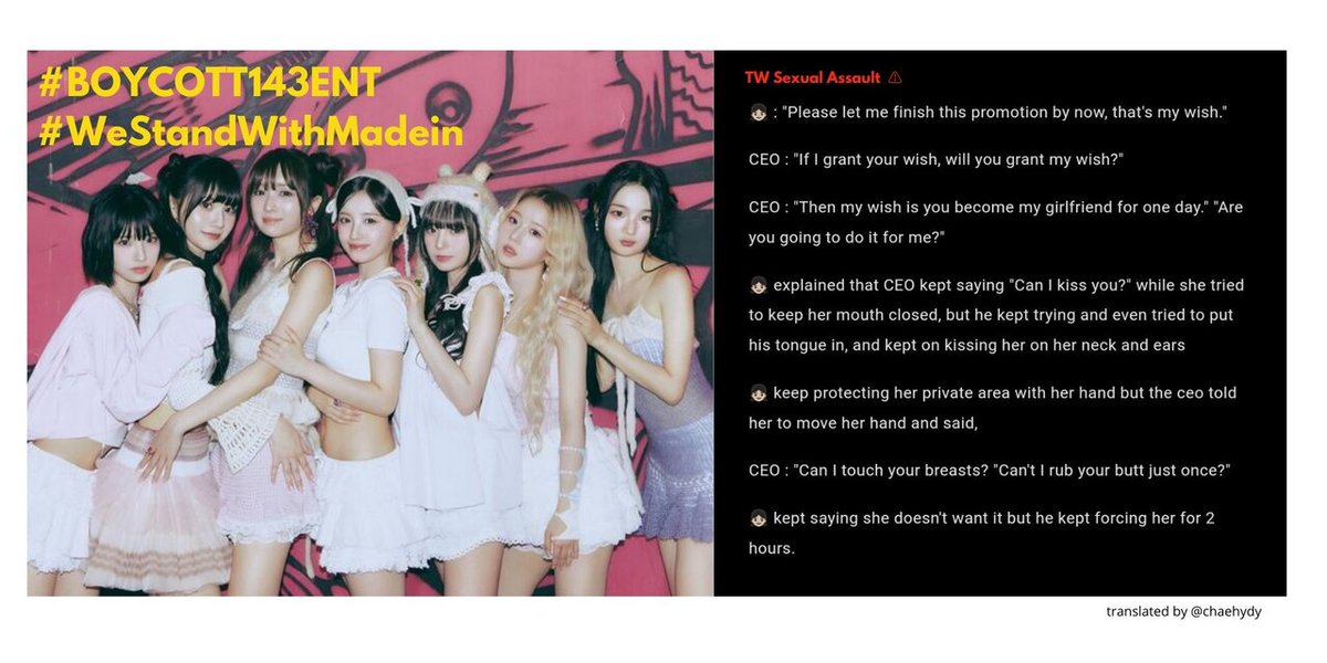 -star 
tw // sexual assault
Guys boleh minta waktu nya sebentar untuk up kasus member madein yang kena p*leceh*n yang dilakuin oleh CEO nya sendiri, gaeun ini 2005. dia baru legal. tolong bantu up kasus nya, karna kita fans nya kekurangan fandom untuk nge up kasus ini
