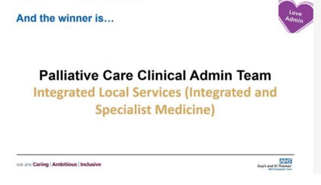 🏆We are thrilled that our ILS Palliative Care team has been honoured as Team of the Year at the Trust Love Admin awards!
bit.ly/3CIKXqz
#ProudToBeGSTT #TeamILS #CelebratingCommunityServices #OurNHSPeople <a href="/NHS/">@NHS</a> <a href="/GSTTnhs/">Guy's and St Thomas'</a> <a href="/gstt/">GST</a>