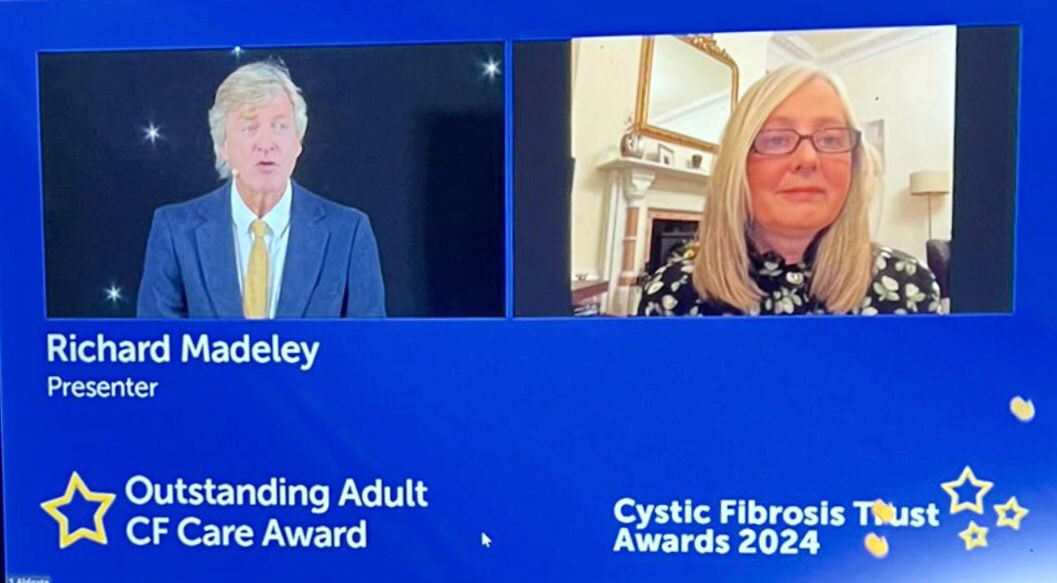 Cystic Fibrosis (@cfleeds) on Twitter photo Exciting news! 🎉 Dr. Christine Etherington has been shortlisted for the Outstanding Adult CF Care Award at the <a href="/cftrust/">Cystic Fibrosis Trust</a> 60th anniversary awards! She met Richard Madeley at the online ceremony and is honored by the patient nominations. Congrats, Christine! 👏 #CFawards Exciting news! 🎉 Dr. Christine Etherington has been shortlisted for the Outstanding Adult CF Care Award at the <a href="/cftrust/">Cystic Fibrosis Trust</a> 60th anniversary awards! She met Richard Madeley at the online ceremony and is honored by the patient nominations. Congrats, Christine! 👏 #CFawards