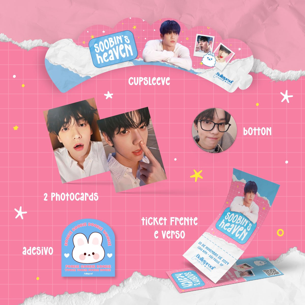 BulletproofEBR's tweet photo. Alguém pediu spoiler do nosso kit ‘Soobunny’?! 🐰✨☁️

Temos apenas 7 unidades disponíveis, então CORRAM:

🔗: https://t.co/3bEXj07r8d

Entrada + kit ‘Soobunny’: R$25,00 (contém 1 cupsleeve + 2 photocards + 1 adesivo + 1 ticket + 1 botton)

Além de garantir a entrada, o participante deverá consumir R$15,00 no local.

Informações importantes:
🗓️ 23 de Novembro
⏰ 12h às 16h
📍 Casa Béni - Bom Retiro, São Paulo
📌 Consumação obrigatória de R$15,00 no local
🍚🐈🦮 Estaremos aceitando doações de alimentos não perecíveis e ração para cães e gatos