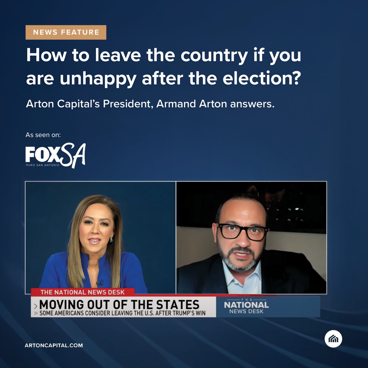 Watch the full interview with Arton Capital's CEO and President, <a href="/armandarton/">Armand Arton</a> , on Fox San Antonio
Learn about the opportunities available for Americans considering a move abroad.

#GlobalCitizenship #ArtonCapital #MobilityMatters #SecondResidency #GlobalFreedom #RelocationTrends