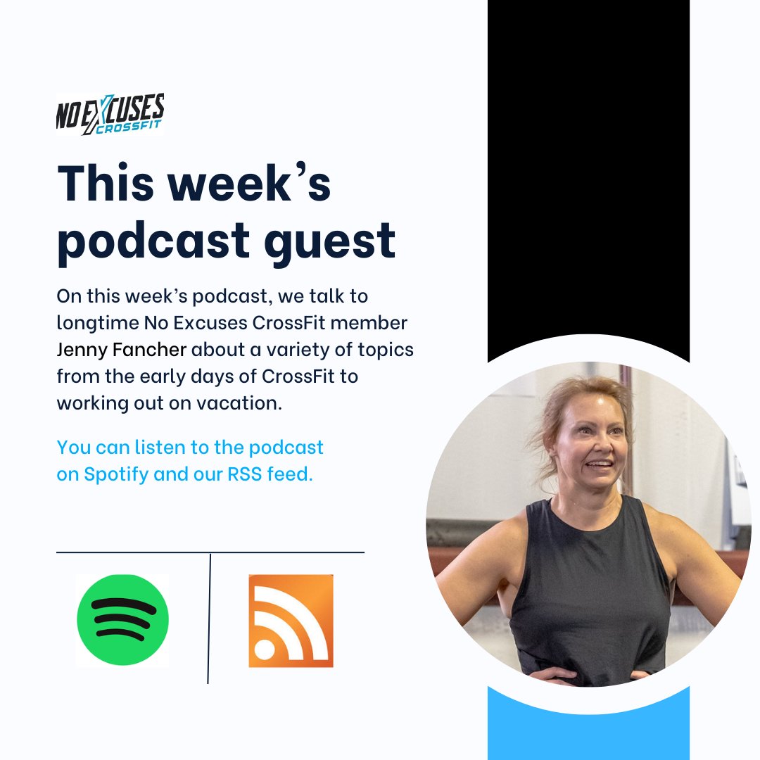 NoExcusesCF's tweet image. Checkout this week's episode of the No Excuses Podcast, the fittest podcast in Suwanee. 
Our guest this week is longtime No Excuses CrossFit member Jenny Fancher.
#CrossFit #No Excuses CrossFit