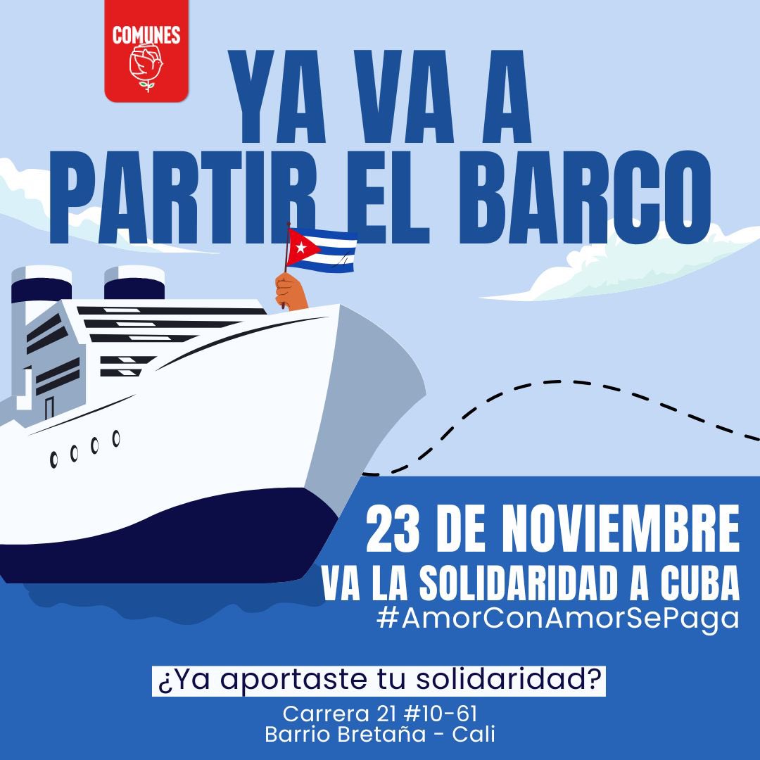 ¡ATENCIÓN! Ya va a partir el barco! 

En el Valle del Cauca unimos esfuerzos y convocamos la solidaridad que nos representa para acompañar y apoyar a Cuba en la situación difícil que ha atravesado. ¡#AmorConAmorSePaga!

¿Ya aportaste tu solidaridad?