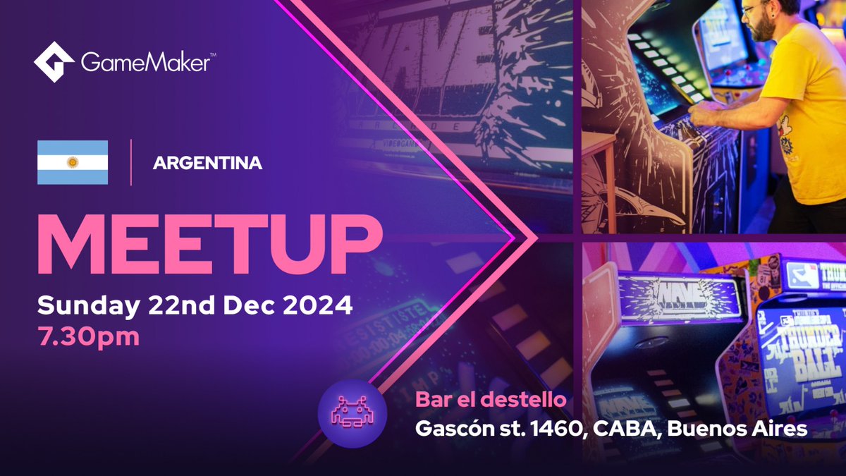 Game Maker Meetup Argentina (@gamemakerarg) on Twitter photo 8th <a href="/GameMakerEngine/">GameMaker</a> Meetup Argentina! 🇦🇷
📅 Sunday, December 22nd, 2024
⏰ 19:30hs
Bar El Destello - Gascón 1460, CABA, Buenos Aires
Meet fellow game developers, share your creations, and connect with the community! 🎮👾
Hosted by <a href="/ChappJames/">James_Chapp_Fillmore</a> & <a href="/RevolverBloom/">Marco Frisina | GameMaker</a>
#GameMaker 8th <a href="/GameMakerEngine/">GameMaker</a> Meetup Argentina! 🇦🇷
📅 Sunday, December 22nd, 2024
⏰ 19:30hs
Bar El Destello - Gascón 1460, CABA, Buenos Aires
Meet fellow game developers, share your creations, and connect with the community! 🎮👾
Hosted by <a href="/ChappJames/">James_Chapp_Fillmore</a> & <a href="/RevolverBloom/">Marco Frisina | GameMaker</a>
#GameMaker